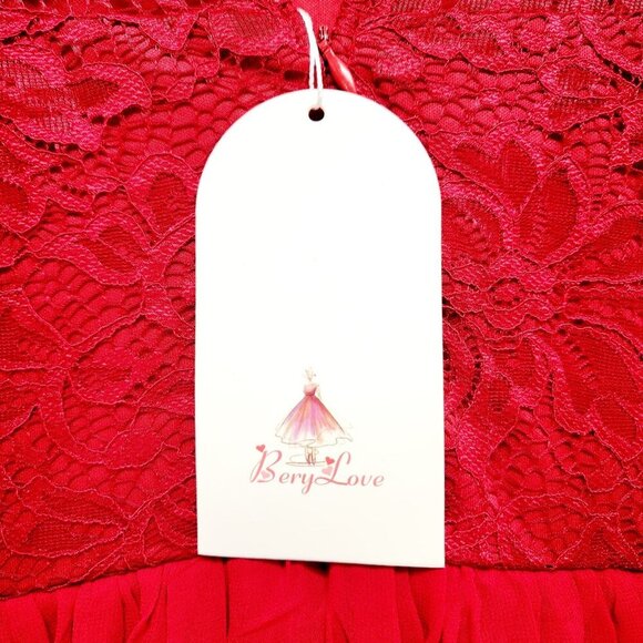 Sleeveless Dress Red Lace Chiffon Long Berylove Evening Gown Satin Patty prom M - Picture 14 of 16